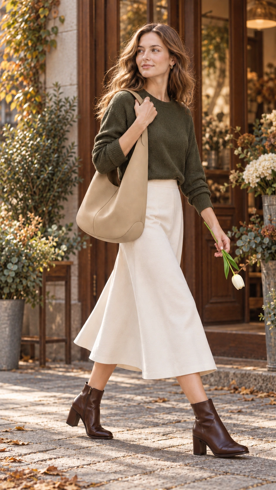 Woman carrying the Apricot Sand tote on a sunlit street